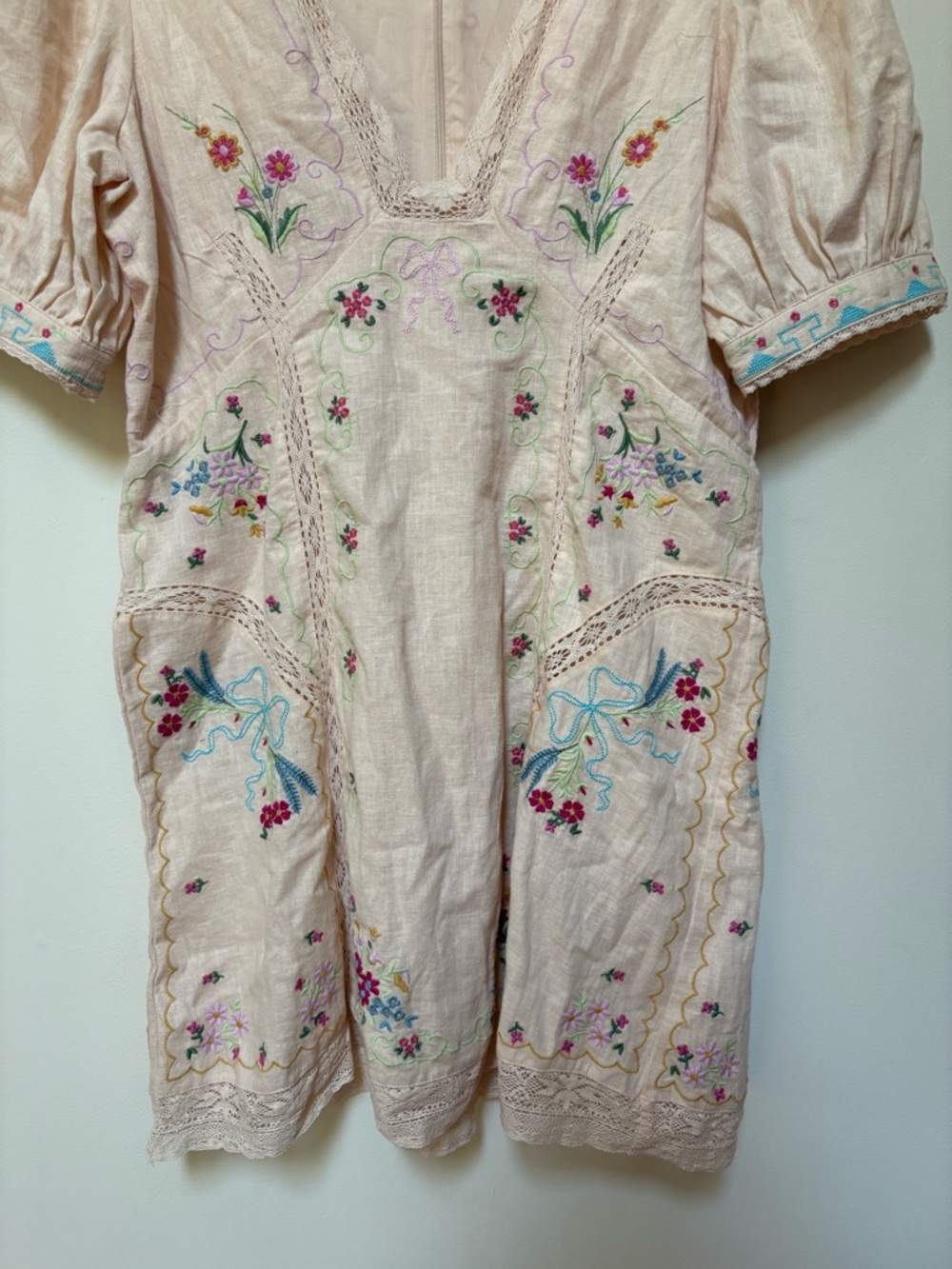 NWOT By Anthropologie Linen Blend Puff-Sleeve V-Neck Mini Dress Size 14 - Picture 15 of 16